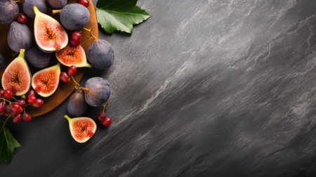 fig in wooden long dish on dark gray stone textured background. this top view photo showcases the intricate details of the fig, with ultra-detailed and super detailed quality. the defocused background adds a touch of bokeh, making it a visually appealing stock photo available on shutterstock, adobe, and getty in high resolution (8k). ai generatedの素材