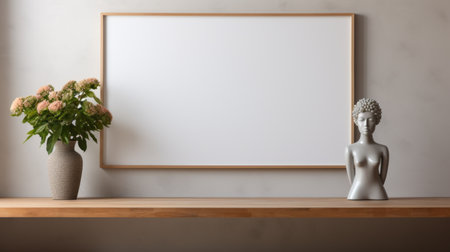 wooden frame countertop material with a single peony in front, natural light, gray wall. ai generatedの素材