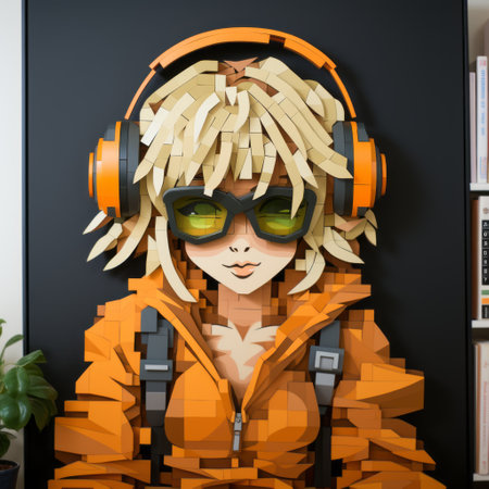 a photo of an 8-bit style anime character, a blond female with glasses, combining 40% banksy's style and 60% caravaggio's style. the character is predominantly orange (80%) with a touch of green (20%). ai generatedの素材