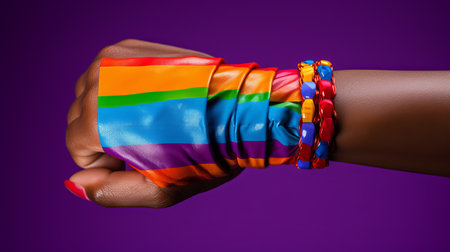 forearm with rainbow background, a powerful symbol for lgbtq pride month. this creative shot captures the essence of diversity and inclusivity. studio lighting enhances the vibrant colors. taken with the high-quality hasselblad h6d-400c camera, featuring the hc macro 120mm f/4 ii lens for stunning detail. ai generatedの素材