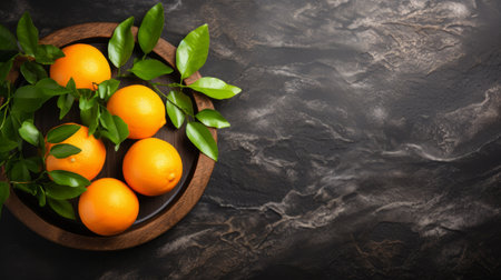 orange fruit arranged in a wooden long dish is captured from a top view perspective. the vibrant orange color contrasts beautifully against the dark gray stone textured background. this high-resolution stock photo showcases ultra-detailed and intricate details of the orange, making it perfect for various creative projects. the defocused background adds a touch of bokeh, enhancing the overall visual appeal. available on shutterstock, adobe, andの素材