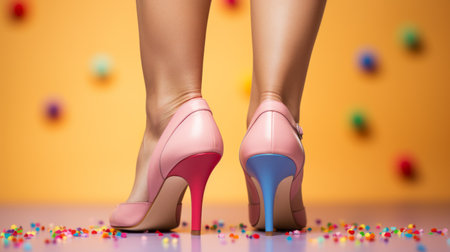 female legs photographed from the back, showcasing a creative shot for a magazine portrait. the vibrant rainbow background represents pride month and the lgbtq community. this studio-lit image was captured using the hasselblad h6d-400c camera, paired with the hc macro 120mm f/4 ii lens. ai generatedの素材