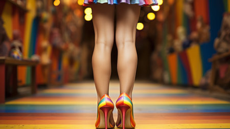 female legs photographed from the back, against a vibrant rainbow background, representing lgbtq pride month. this creative magazine portrait captures the essence of diversity and inclusivity. the studio lighting enhances the visual impact of the image. shot with a hasselblad h6d-400c camera, paired with an hc macro 120mm f/4 ii lens. ai generatedの素材