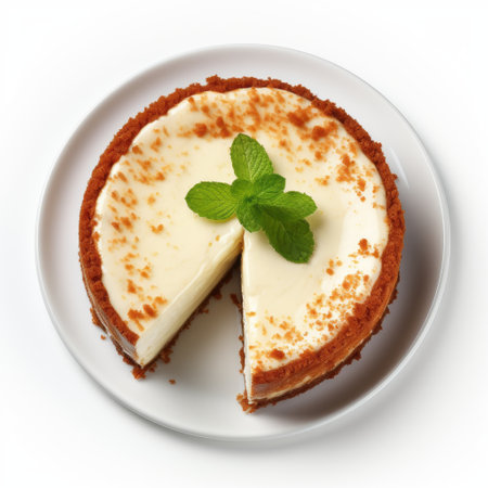 a plate of delicious cheesecake, captured in stunning 4k, 8k, and uhd resolution, awaits the admiration of cake enthusiasts. this hyper-detailed top view photo showcases the mouthwatering dessert on a clean white background, making it an ideal choice for professional advertising and food photography purposes. ai generatedの素材