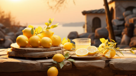 lemon cake in traditional korean landscape painting style captured with a dslr using an 85mm lens f/1.4. this stunning photo, developed on fuji color film, showcases the intricate details and vibrant colors of the cake. with global illumination, the image appears ultra-high definition and ultra-real, making it perfect for stickers. ai generatedの素材