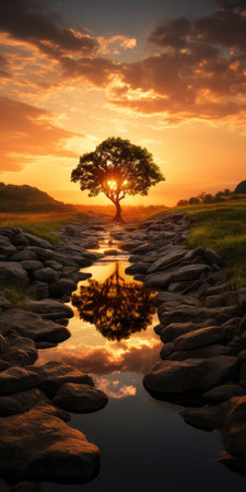 a serene and symmetrical karst landscape at sunset, featuring a mound, trees, and water. this 32k uhd photo captures the beauty of traditional british landscapes, reminiscent of national geographic's stunning imagery. inspired by the time period between 1000-1400 ce, it exudes a calm and tranquil ambiance. ai generatedの素材