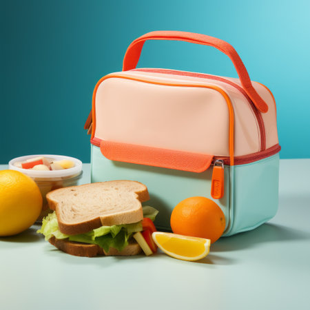 a vibrant and eye-catching photo of a lunch bag, featuring bright colors and a sleek design. captured with a dslr camera in natural light, the image showcases the texture and details of the bag. shot on a clean background, this minimalistic and modern image emphasizes the product's appeal. perfect for drawing attention to the lunch bag. ai generatedの素材