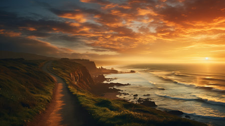 a stunning landscape of a solitary daytime running light on a cliff by the seaside, the sun setting on the horizon, the calm and serene ocean reflecting the warm colors of the sky, the soft mist enveloping the daytime running light, detailing every texture and detail. photography, 24mm wide-angle lens. ai generatedの素材