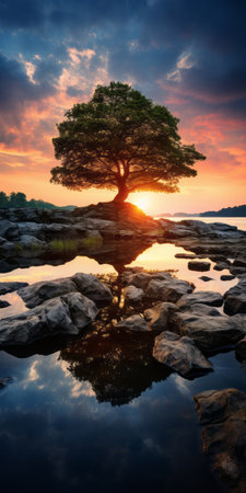 a serene and symmetrical karst landscape at sunset, featuring a mound, trees, and water. this 32k uhd photo captures the beauty of traditional british landscapes, reminiscent of national geographic's stunning imagery. inspired by the time period between 1000-1400 ce, it exudes a calm and tranquil ambiance. ai generatedの素材