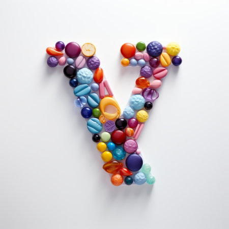 the letter "y" is formed by arranging colorful and whimsical pills on a clean white background. each pill showcases unique shapes and vibrant colors, creating an eye-catching display. the intricate details of the pills and their diverse hues make this photo a visually captivating composition. ai generatedの素材