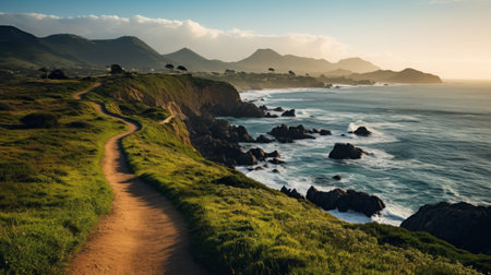 a stunning landscape of a solitary daytime running light on a cliff by the seaside, the sun setting on the horizon, the calm and serene ocean reflecting the warm colors of the sky, the soft mist enveloping the daytime running light, detailing every texture and detail. photography, 24mm wide-angle lens. ai generatedの素材