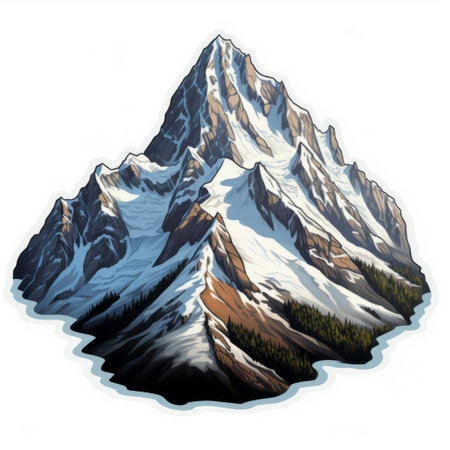 a sticker showcasing a stunning snowy mountain and cascading waterfalls in the background. this realistic and detailed rendering is done in a bold and vibrant style, with contoured shading and bold colors. the shaped canvas adds a unique touch to this whistlerian-inspired illustration of isolated landscapes. ai generatedの素材