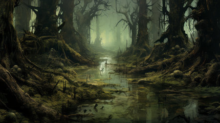 a mesmerizing forest landscape featuring intricately designed trees and a flowing water body. the artwork showcases a unique blend of nightmarish creatures and highly detailed environments, with a color palette dominated by light yellow and dark green tones. the scene exudes an aura of decadent decay, while also incorporating gothic references and epic landscapes. ai generatedの素材