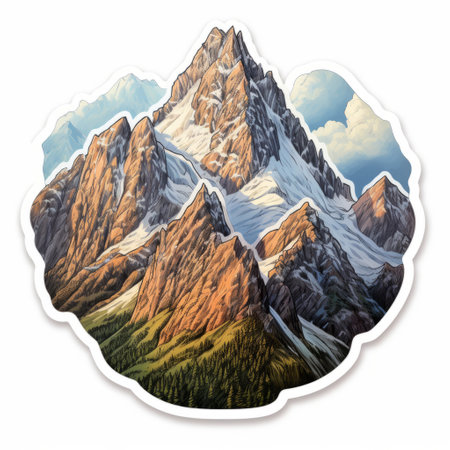 a realistic and hyper-detailed sticker featuring a mountain scene with clouds. this sticker, in the style of bryan hitch's realistic and detailed renderings, showcases a shaped canvas with a polychrome terracotta design. the sticker captures the realistic portrayal of light and shadow, creating an illusion of three-dimensionality. ai generatedの素材