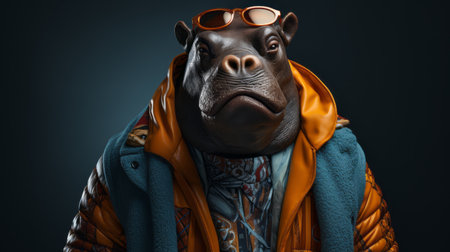 a stylishly dressed hippopotamus wearing balenciaga clothing and adorned with ukrainian symbolism is captured in a photorealistic style. the image features color grading and studio lighting, presented in a large format full shot. additionally, this captivating image is available as an nft in ar 2:3 format. ai generatedの素材