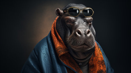 a stylishly dressed hippopotamus wearing balenciaga clothing and adorned with ukrainian symbolism is captured in a photorealistic style. the image features color grading, studio lighting, and is presented in a large format full shot. additionally, this unique image is available as an nft in ar 2:3 format. ai generatedの素材
