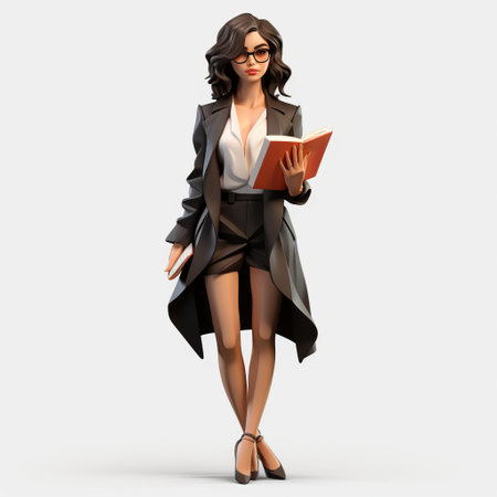 a high detailed 3d low-poly design showcases a female writer character in a minimalistic style. the design features clean and sharp geometry with a 45-degree angle perspective. the character is rendered with fine details, realistic surface materials, and accurate color representation. the image is isolated with a white pastel background, creating a modern and contrasted look. the design is optimized for efficiency, with a lowの素材