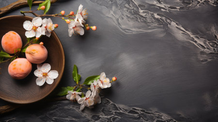 peach in wooden long dish on dark gray stone textured background, ultra-detailed with intricate details. this stock photo, available on shutterstock, adobe, and getty, showcases the peach from a top view. the image is captured in 8k resolution, providing super detailed visuals. the background features a defocused effect with beautiful bokeh. ai generatedの素材