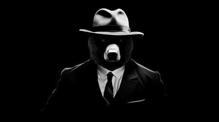 the black and white bear logo by mr. big captures the essence of glamorous hollywood portraits and film noir. with a touch of national geographic photography, this charming character-driven logo is digitally manipulated to perfection. shot with the sony alpha a1, it exudes a timeless appeal that merges artistry and sophistication. ai generatedの素材