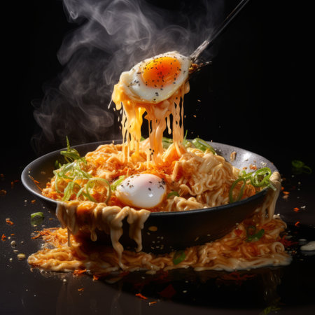 a photo of a hot teppanyaki fried egg noodle restaurant located on elm street in the desert. the photo captures the vibrant and dynamic motion of the restaurant, inspired by the style of caras ionut. the multi-layered composition features a combination of light orange and silver tones, reminiscent of the works of maruja mallo. the voluminous mass of noodles adds to the overall appeal ofの素材