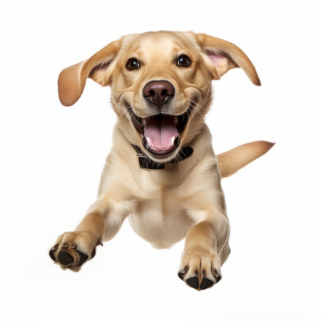 brown dog puppy jumping on a white background, captured with the realistic detailing of the tokina at-x 11-16mm f/2.8 pro dx ii lens. the vibrant colors of light yellow and light magenta add a chromatic joy to the image, while the zeiss planar t 80mm f/2.8 c-mount lens ensures sharpness. this photo is reminiscent of the playful style of arthur sarnoff. ai generatedの素材