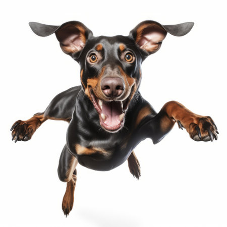 a dog in flight, captured in a close-up shot, is depicted on a white background. this digitally manipulated image showcases playful expressions and the artistic style of sumatraism. the dog's black and amber colors are highlighted, creating a playful caricature with a touch of photo-realistic techniques. ai generatedの素材