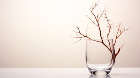transparent glass bowl with a brown background, featuring a conceptual minimalism design inspired by twisted branches. the image showcases vignetting, with a combination of light gray and orange tones. created by minimalist graphic designer dimitry roulland, the bowl contains translucent water, adding to its artistic appeal. ai generatedの素材