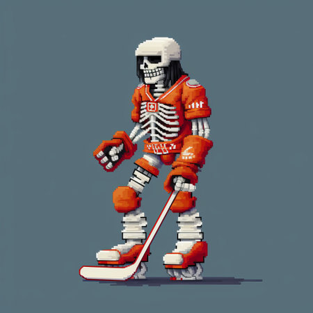 the skeleton, depicted in voxel art, is seen playing ice hockey with his stick. the artwork showcases crisp neo-pop illustrations with vibrant shades of orange and crimson. created by joram roukes, the piece features exaggerated anatomy and a touch of mechanical realism. the color palette predominantly consists of dark orange and white. ai generatedの素材