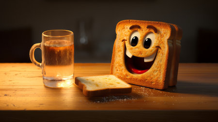 a slice of toast and a glass of water are featured in this vibrant photo. the emphasis on character design, inspired by john wilhelm, is evident in the joyful and optimistic feel of the image. rendered using vray tracing in maya, this artwork embodies the unique style of smilecore. ai generatedの素材