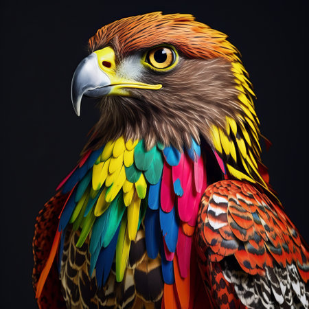 an owl with vibrant and colorful feathers on its back is captured in this sculpture-based photography. the image showcases detailed and layered compositions, reminiscent of life-like avian illustrations. inspired by the works of peter saville, the photograph beautifully combines the elements of nature and art. the vibrant hummingbirds add an extra touch of liveliness to the composition, reminiscent of the styles of steve and felipeの素材