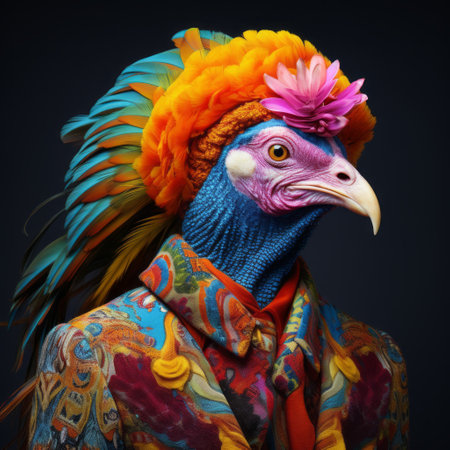 a vibrant, multicolored bird adorned in an elaborate costume, captured in a hyperrealistic style reminiscent of detailed fashion photography. this stunning portrait showcases the intricate details and bold colors, drawing inspiration from the kushan empire and enigmatic portraiture. created using zbrush, this artwork combines elements of fashion, nature, and fantasy, resulting in a captivating and unique portrayal. ai generatedの素材
