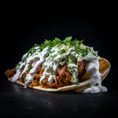 a delicious kofta sandwich and pita are beautifully presented on a wooden table. the photo features a captivating black background with swirling vortexes, enhanced by softbox lighting. the vibrant colors of the food, including light emerald and white, create an enticing visual contrast. this indian-inspired scene is enhanced by the use of rtx technology and cloudcore, resulting in a stunning image. ai generatedの素材