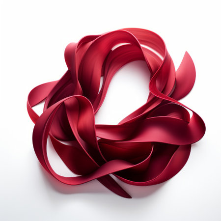 red ribbon circle sculpture on white background. organic flowing forms and dreamlike installations captured in this sculpture-based photography. monochromatic shadows and focus stacking techniques enhance the visual impact. the dark magenta and light crimson hues create a captivating contrast against the flowing fabrics. ai generatedの素材