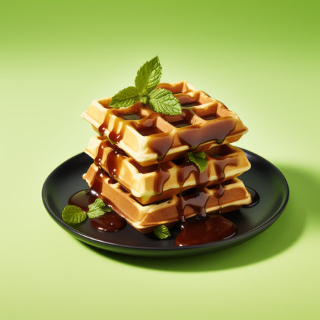 a plate of waffle with syrup, adorned with mint leaves, is showcased in this realistic hyper-detailed rendering by mike campau. the multi-layered composition features dark brown and green tones, while softbox lighting creates a polished and smooth appearance. inspired by advertising aesthetics, this image captures the mouthwatering appeal of a delicious waffle treat. ai generatedの素材