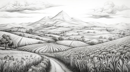 a view of the countryside with mountains and a path is depicted in this pencil art illustration by kelly vivanco. the artwork showcases realistic and hyper-detailed renderings, with silver and gray tones. inspired by indonesian art, the piece also features detailed background elements, including brushstroke fields. ai generatedの素材