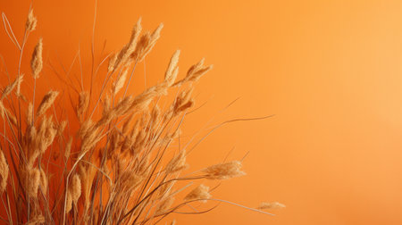dry grasses sit against an orange wall, showcasing a soft focus romanticism style. this vibrant still-life captures the essence of eco-friendly craftsmanship and celebrates nature's beauty. with its award-winning composition, it seamlessly combines natural and man-made elements, creating a joyful and visually striking image. ai generatedの素材