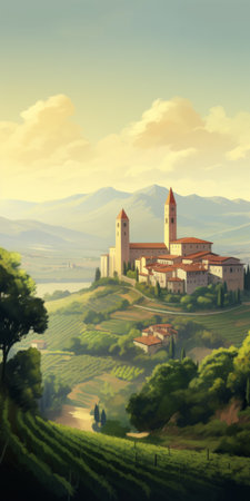 a picturesque village nestled amidst lush vineyards and majestic mountains, captured in the style of a speedpainting by a renaissance-inspired draftsman. the artwork showcases atmospheric color washes and utilizes physically based rendering techniques. the scene features an iconic religious building, reminiscent of romanesque art. ai generatedの素材