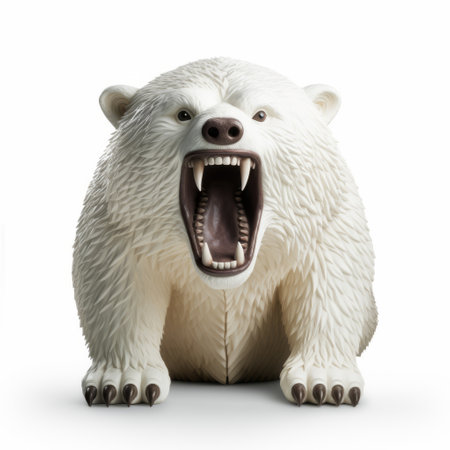 a polar bear toy is depicted in an aggressive digital illustration style on a white background. the artwork captures intense movement expression, reminiscent of artists such as david nordahl, kevin sloan, and john wilhelm. the high-resolution image is rendered in 8k, showcasing intricate details. the overall aesthetic exudes a unique blend of smilecore vibes. ai generatedの素材
