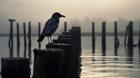 bird perched on a wooden pole, capturing the essence of eerie landscapes and dutch marine scenes. this associated press photo showcases the unique style of ravencore and health goth, with a dark gray backdrop. creative commons attribution. ai generatedの素材