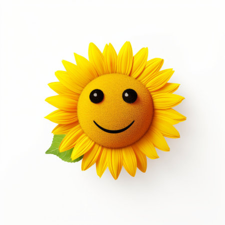 a sunflower head with a smiley face and green leaves is depicted in this photorealistic rendering. the toycore style adds a whimsical touch to the charming characters. against a white background, the tactile texture of the artwork brings out the surrealistic elements, reminiscent of inio asano's unique artistic style. ai generatedの素材