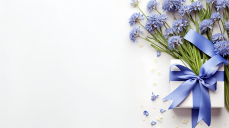 a flat lay image featuring a white gift box with blue flowers and a gold foil tied around it. the concept of gift wrapping is depicted in this minimalist style photograph. the background showcases a fresh flower arrangement from a top view. the image captures the simplicity and elegance of gift wrapping with a touch of whimsical ceramics and angular simplicity. this high-resolution image alsoの素材