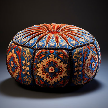 orange and blue pouf on a gray background, featuring heavy metal embroidery. this unique piece, created by sultan mohammed, showcases intricate details and vibrant colors. captured through tabletop photography using a canon ef 85mm f/1.2l ii usm lens, the pouf's design draws inspiration from the storytelling artistry of ceramicist carlo crivelli. rendered in cinema4d, this photo beautifully captures the fusion of creativity and craftsmanship. aiの素材