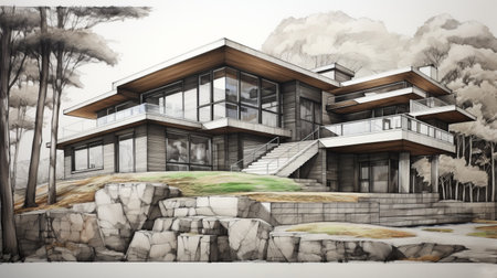 art deco exterior house design featuring contemporary architecture. the house design drawing showcases a blend of contemporary and vancouver school styles, reminiscent of ink-wash landscape paintings. the realistic marine paintings by justin gaffrey inspire the hyper-realistic representation of this house. with a panoramic scale, the gray and brown color palette adds a touch of sophistication to this stunning architectural masterpiece. ai generatedの素材