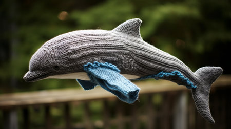 a knitted dolphin, inspired by pop-culture, is perched on railings, holding a fishing pole. this exquisite clothing detail, sculpted with layered fibers, showcases the talent of the contest winner. the dolphin is beautifully crafted in shades of gray and azure, capturing the playful spirit of the sea. ai generatedの素材