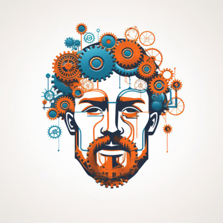 the photo showcases a man's brain adorned with gears, creating a visually striking composition. the design, reminiscent of a decadent graphic designer's style, features vibrant colors like light indigo and orange. the man's strong facial expression adds to the intensity of the image. the precision engineering of the gears and the symmetrical figures in the illustration further enhance its appeal. ai generatedの素材