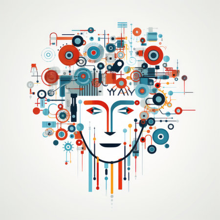 futurist woman with modern ideas and electronic symbols vector. this vibrant artwork showcases a symmetrical composition with colorfully abstracted faces and abstract geometric shapes. the fusion of techno-organic elements creates a visually captivating piece. inspired by the style of barry mcgee, this vector is available for purchase at the price of 1 credit, equivalent to usd 1. creative commons attribution applies. ai generatedの素材
