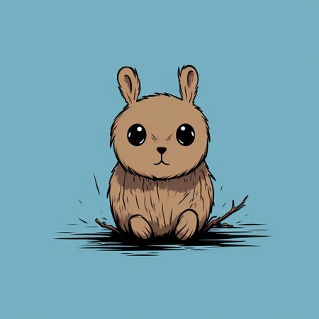 a cartoon rabbit with a bulbous and emotive expression sits on a dark blue background. the style of the illustration is light cyan and brown, giving it a kawaii and high-resolution appearance. the image has a pulled, scraped, and scratched effect, adding a touch of explosive wildlife to the overall composition. ai generatedの素材