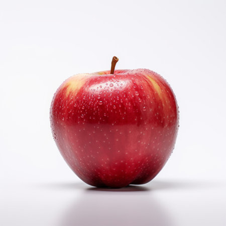 red apple with drops wallpaper hd featuring a realistic lifelike figure of an apple. the white background adds a touch of simplicity and elegance to the image. the drops on the apple create a sense of freshness and vibrancy. this wallpaper is reminiscent of the backlit photography style of hiroshi sugimoto and the attention to detail seen in the works of roxy paine and francisの素材