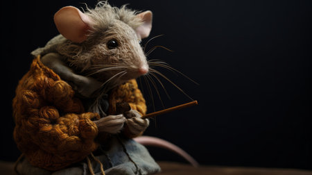 a fake rat, meticulously crafted in the troubadour style, holds a book in its hand. this photorealistic still life, rendered in cinema4d, showcases the intricate costumes and gentle expressions of the knitted and crocheted characters. the close-up shot captures the attention to detail and artistry of this unique creation. ai generatedの素材