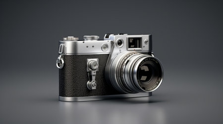 an old type of camera with a modern design, showcasing detailed hyperrealism. the camera is light silver and dark gray, captured in 32k uhd resolution. the photograph pays homage to lee miller's style, with minimal retouching. the image is meticulously detailed and can be found on flickr. ai generatedの素材
